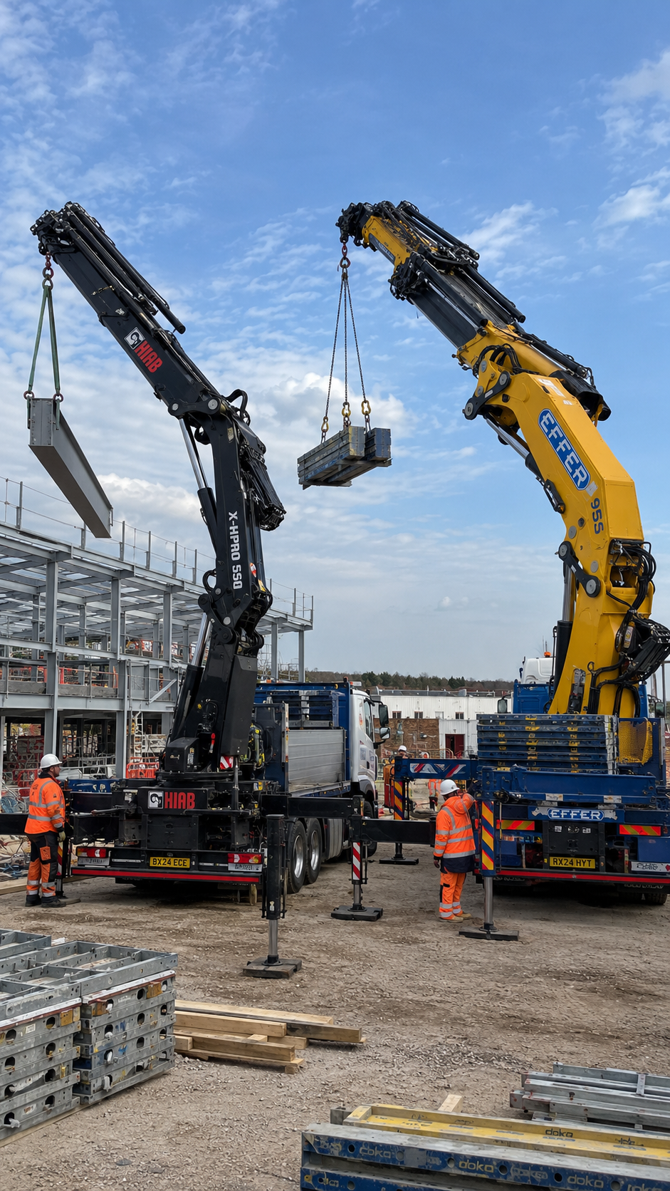 Due gru reali Effer e HIAB al lavoro affiancate in cantiere, con i marchi visibili